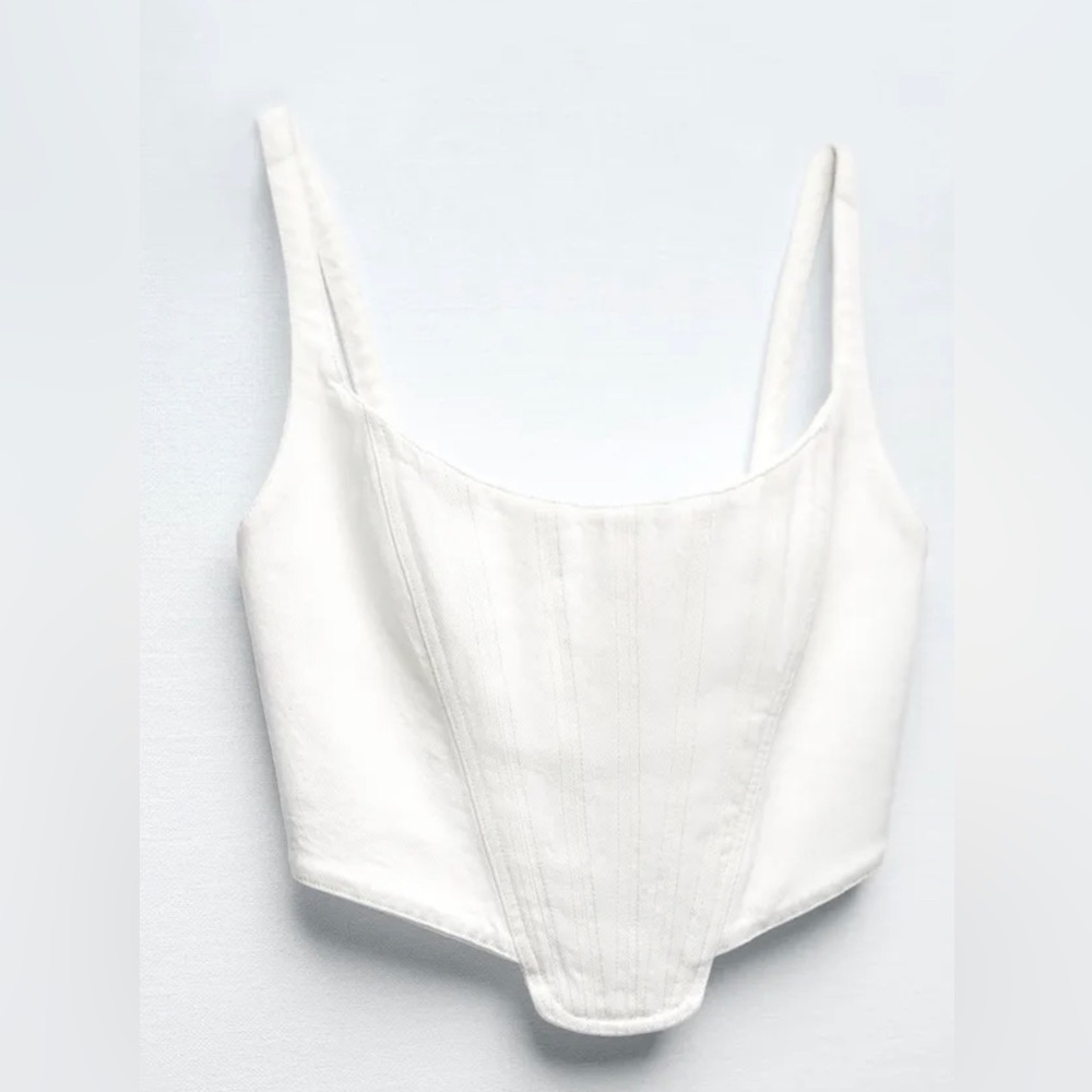 white denim corset zip up top Zara